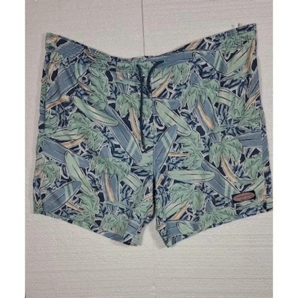 Vineyard Vines Mens Large BlueGreen Surfboard Palm Tree Print Swim Trunks Shorts